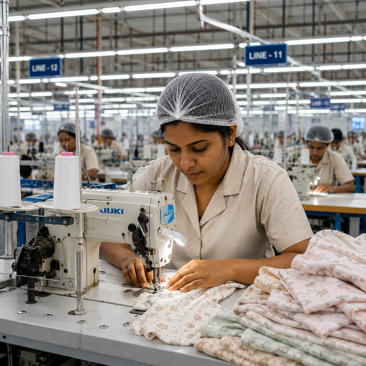 Expert stitching on Juki sewing machine in garment factory