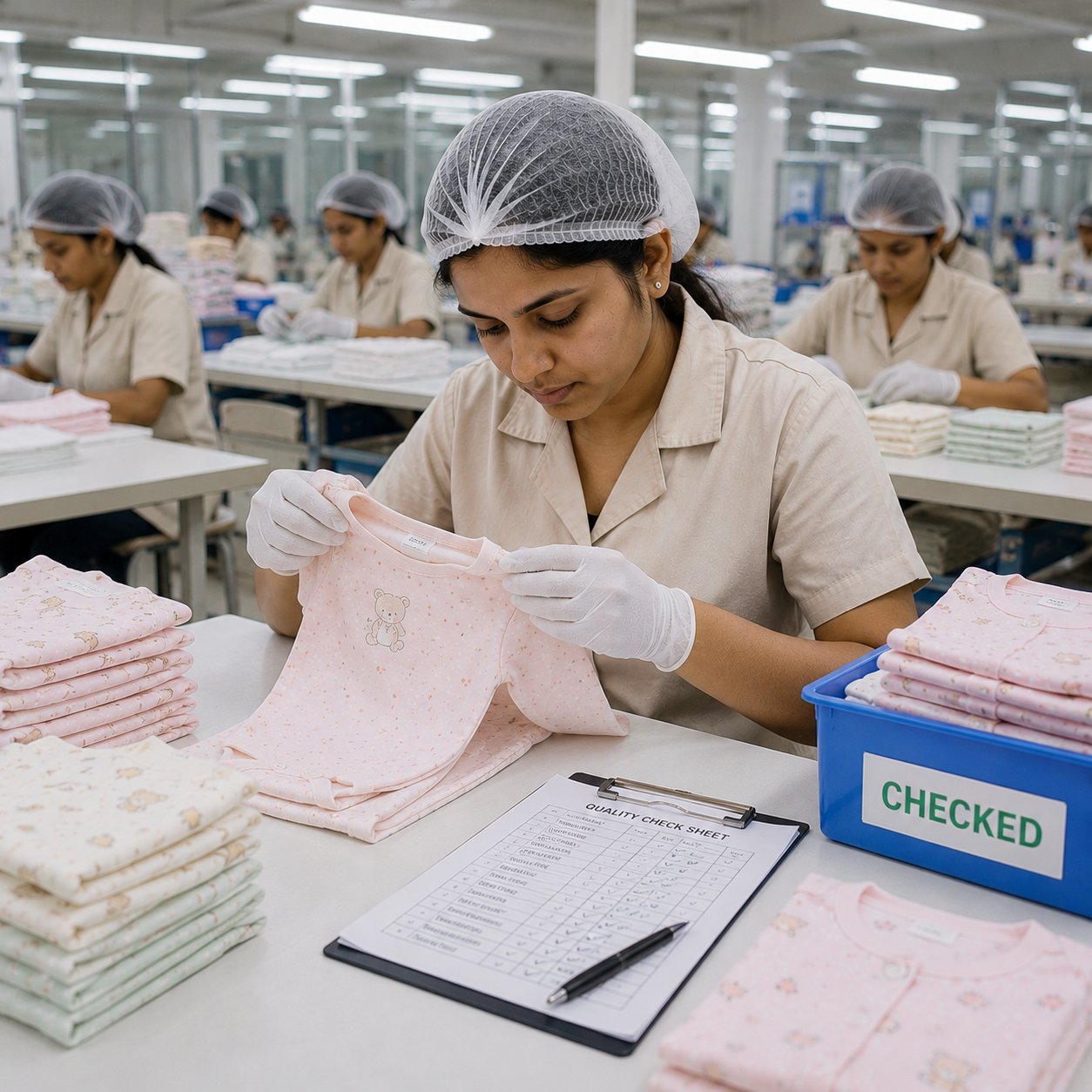 Quality inspection of baby garments in factory